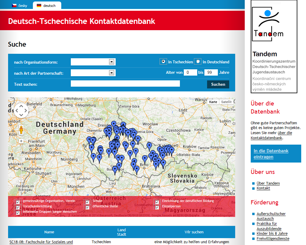 Screenshot Tandem-Kontaktdatenbank