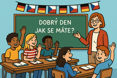 Ein Comicbild zeigt Schulkinder, die Tschechisch lernen.