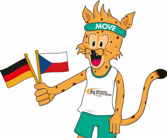 Sportmaskottchen Movelino schwenkt die deutsche und die tschechische Flagge